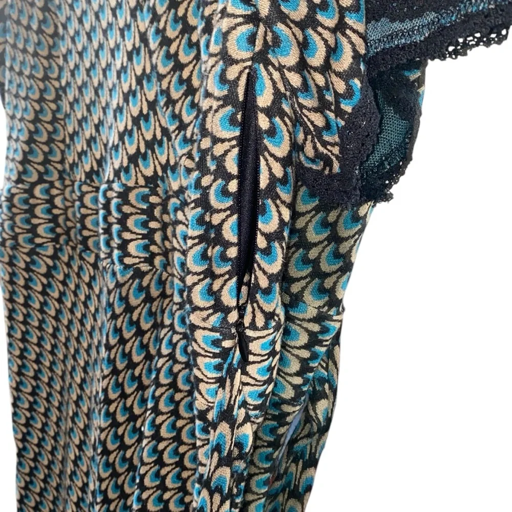 Vintage Betsey Johnson Peacock Feathers Green Blue Geometric A-Line Dress Large - Picture 3 of 7